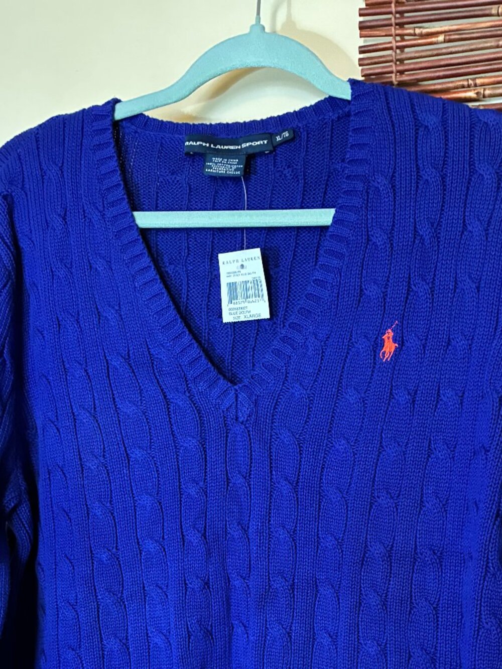 NWT Ralph Lauren Sport Cable Knit V Neck Sweater Royal Blue XL Classic Preppy
